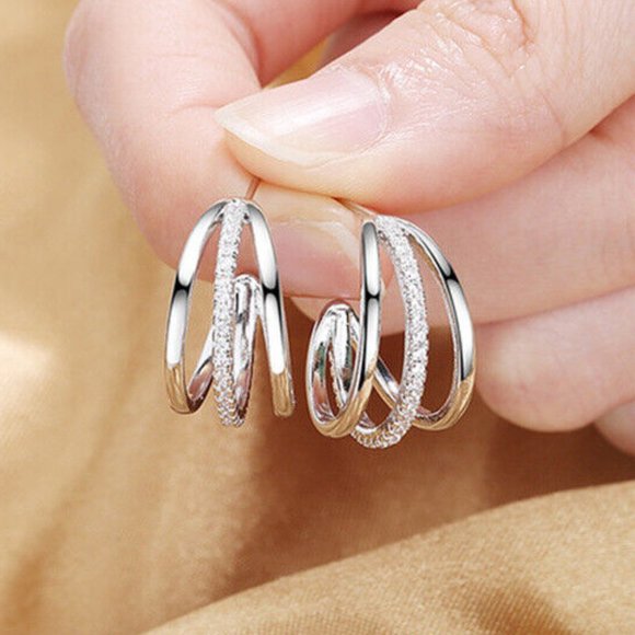 NEW Sterling Silver White Sapphires Triple Half-Hoops - Picture 1 of 4